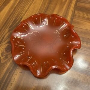 mid century modern Viking Glass Ruffle Bowl Amberina Orange Gold Accents Rooster
